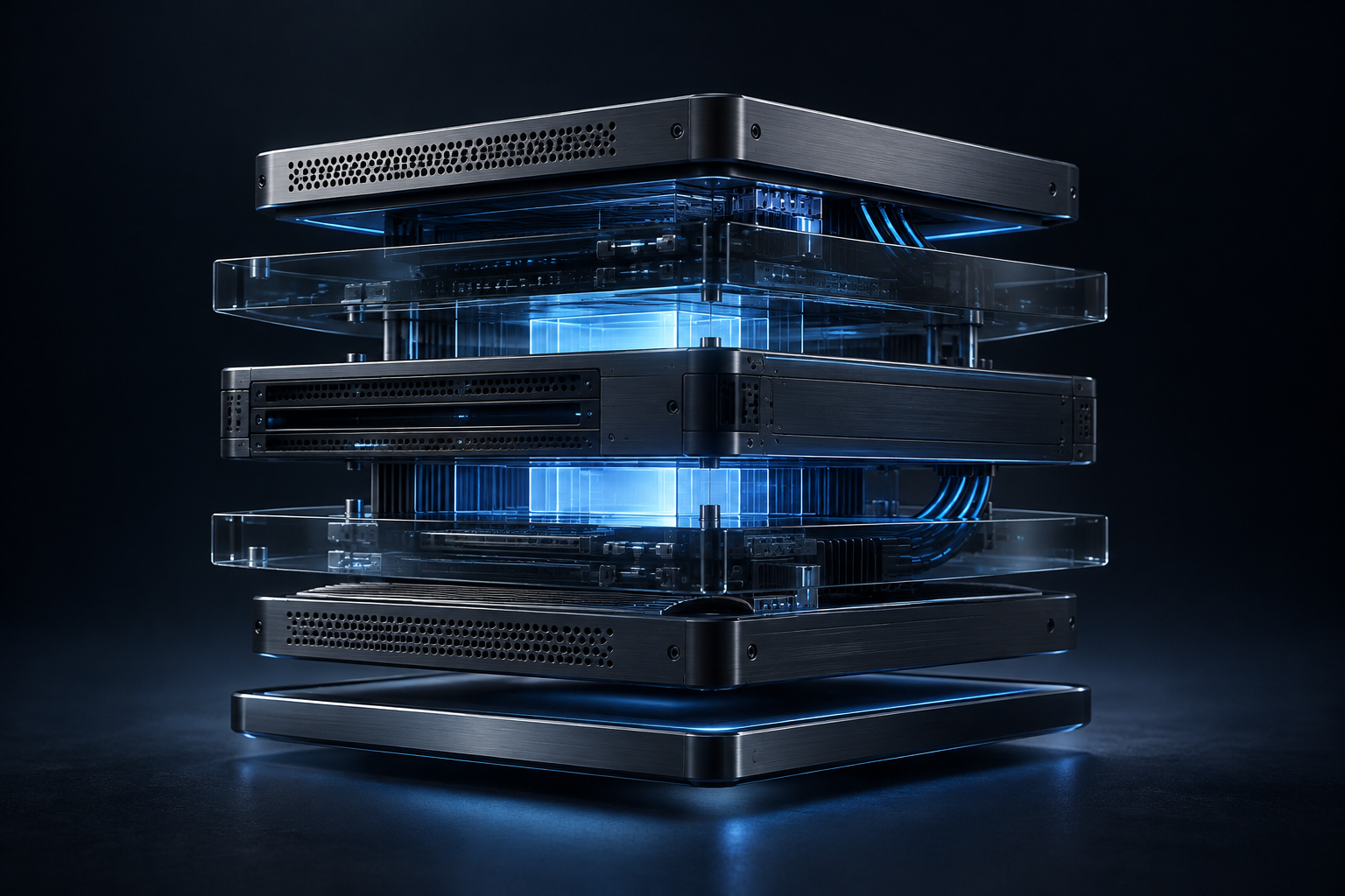 Sculptural layers of graphite network hardware and smoked glass surrounding an illuminated blue core